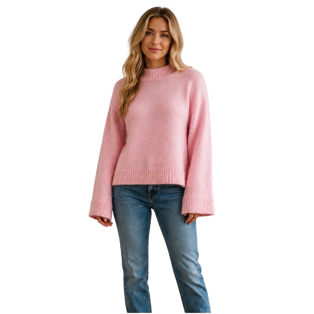 French Connection Pink Mock Neck Fuzzy Knit Wide Sleeve Sweater XL 78ZQZ